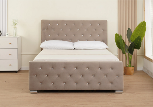 Lit double capitonné en velours taupe avec strass – ANIS