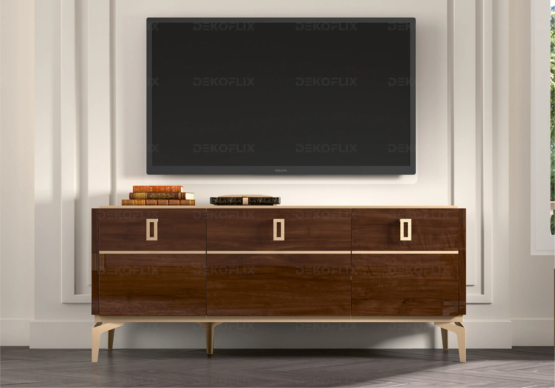 Meuble TV Noyer Doré – Élégance Eva Moderne - Made in Italy DEKOFLIX