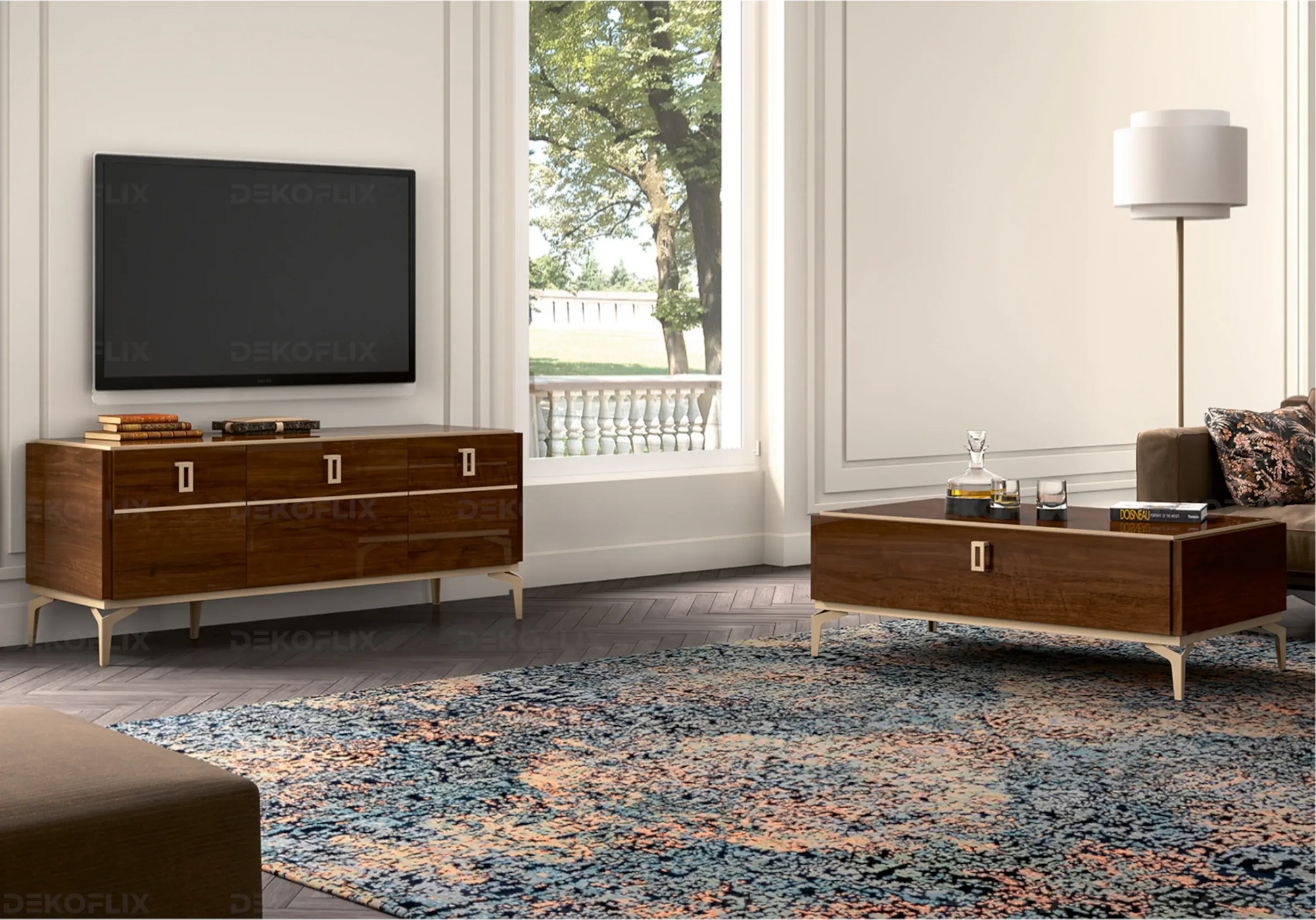 Meuble TV Noyer Doré – Élégance Eva Moderne - Made in Italy DEKOFLIX