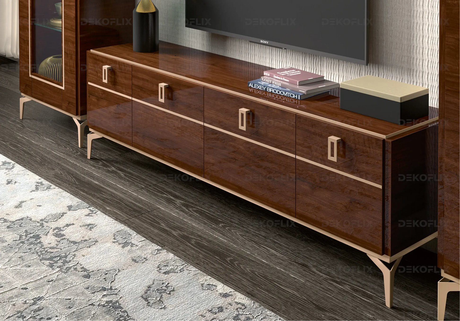 Meuble TV Noyer Doré – Élégance Eva Moderne - Made in Italy DEKOFLIX