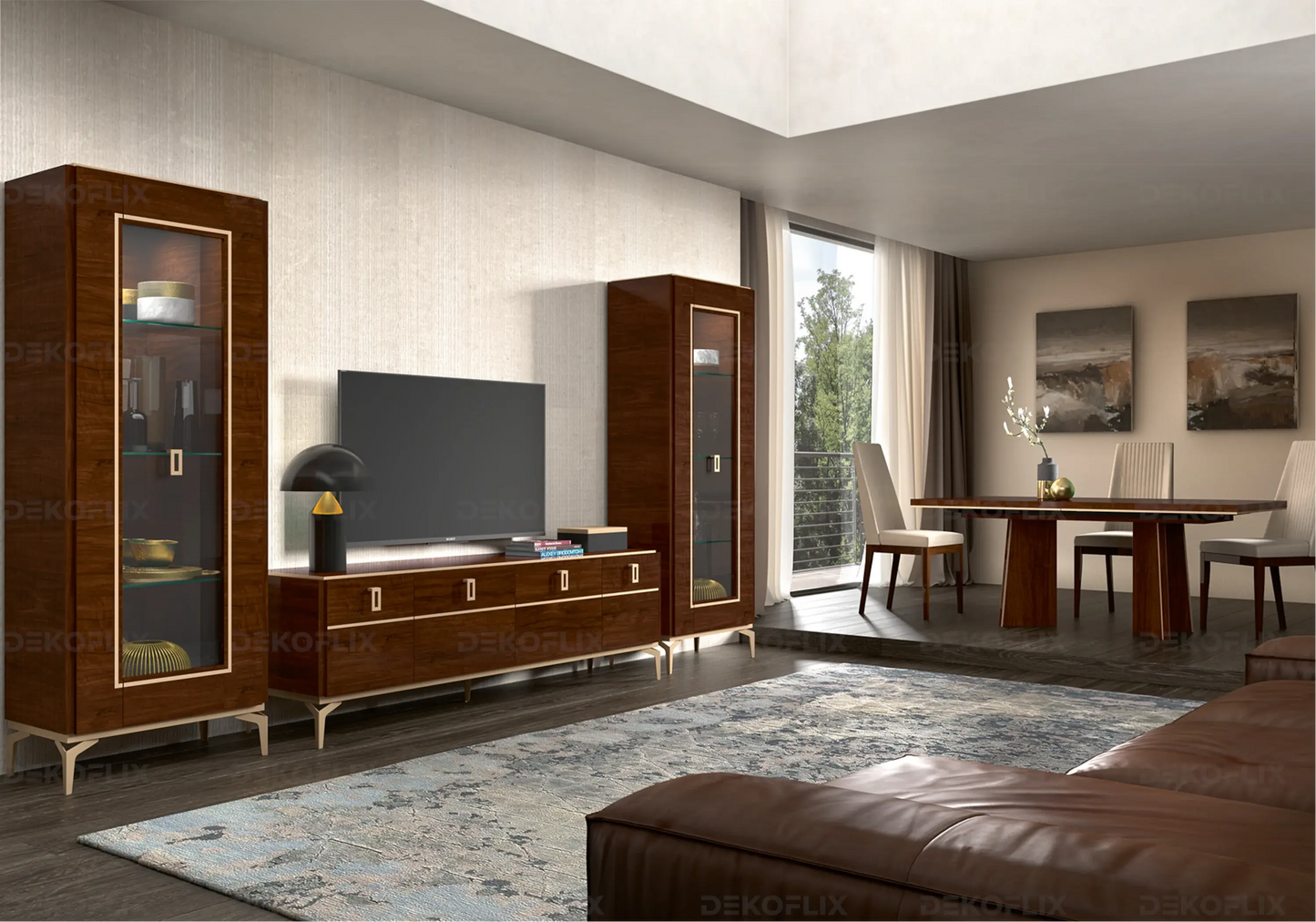 Meuble TV Noyer Doré – Élégance Eva Moderne - Made in Italy DEKOFLIX