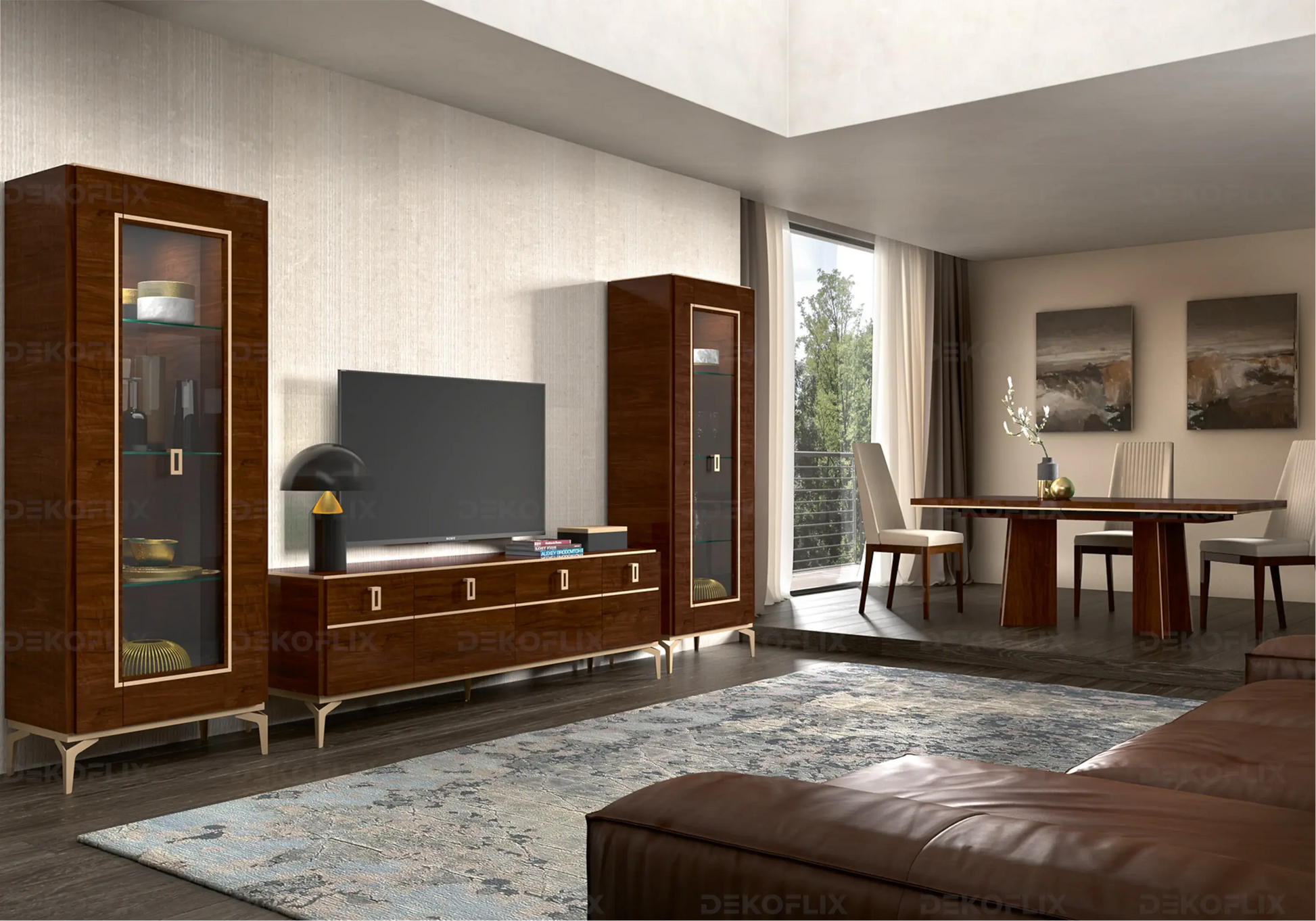 Meuble TV Noyer Doré – Élégance Eva Moderne - Made in Italy DEKOFLIX