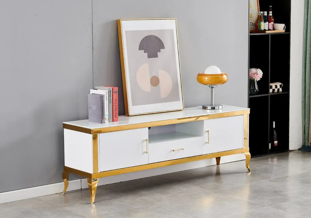 Meuble banc tv doré marbre blanc MANON New Design