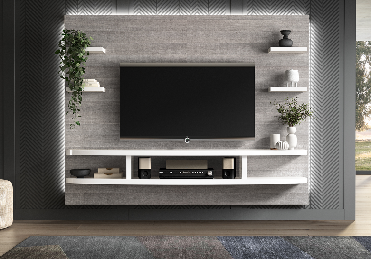 Meuble mural tv chêne gris blanc laqué - Futura