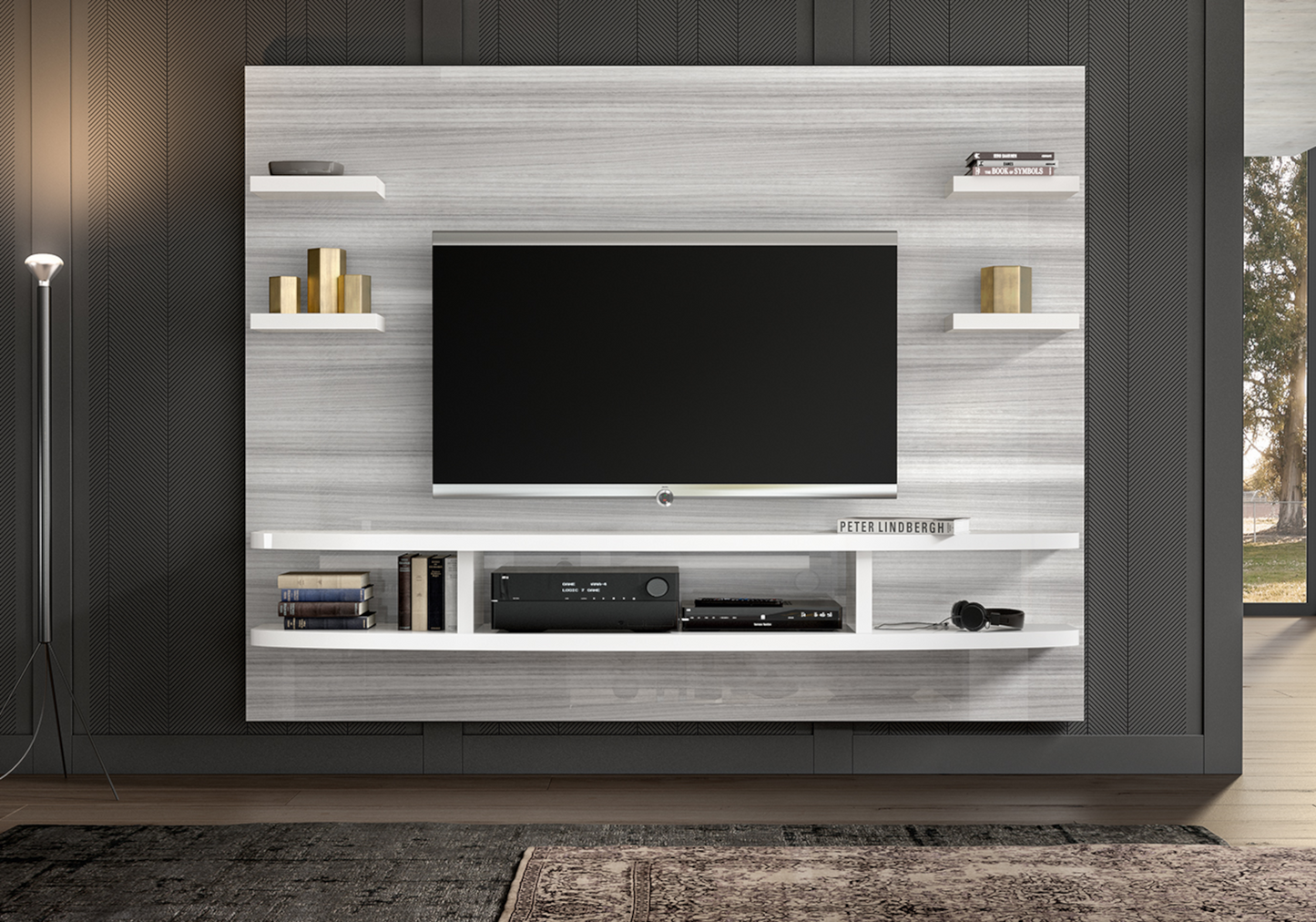 Meuble mural tv gris blanc moderne - Mia