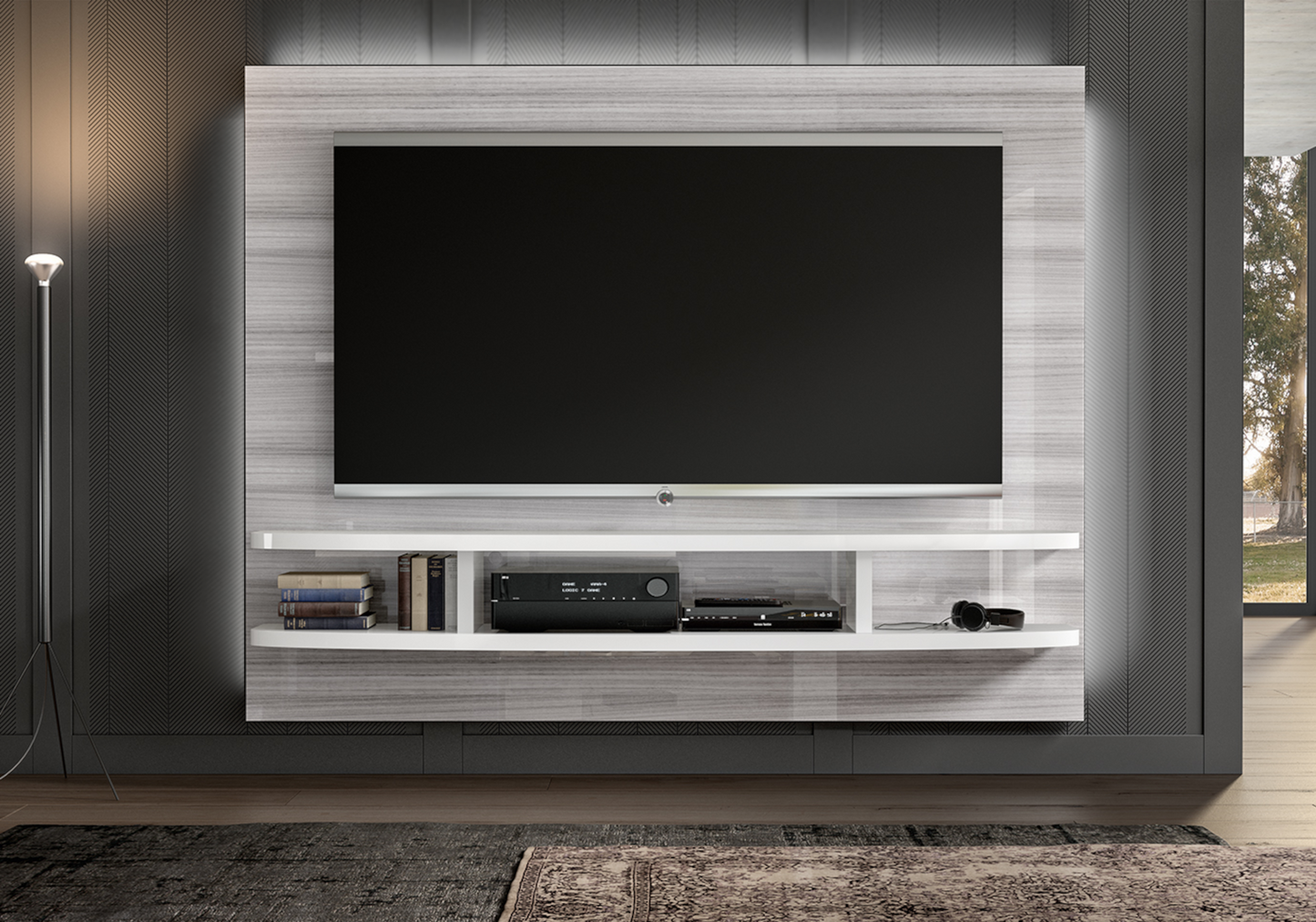 Meuble mural tv gris blanc moderne - Mia