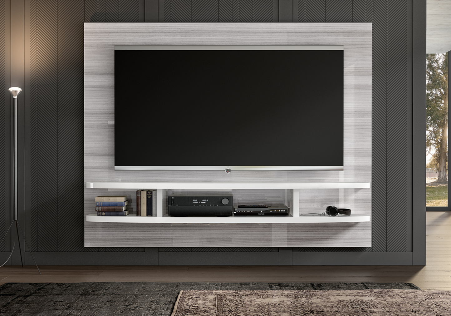 Meuble mural tv gris blanc moderne - Mia