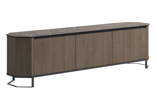 Meuble tv banc bois miel rainure - Hexagon