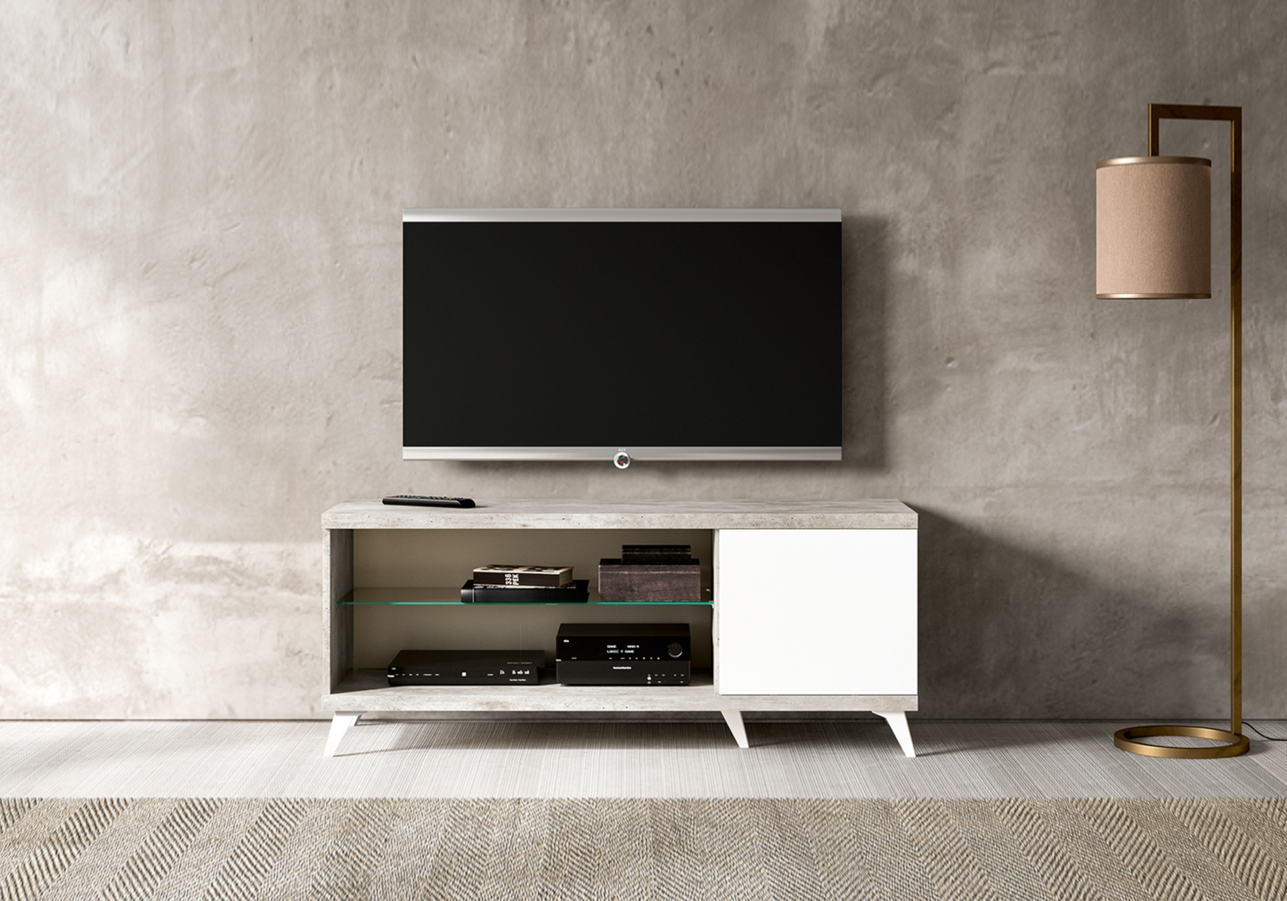 Meuble TV blanc laqué béton avec niche – Treviso