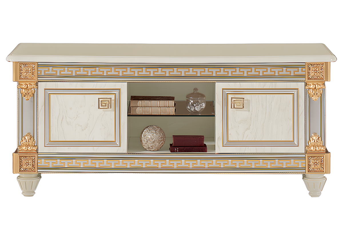 Meuble TV blanc laqué avec ornements dorés - Liberty