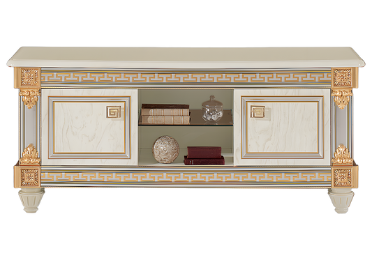 Meuble TV blanc laqué avec ornements dorés - Liberty