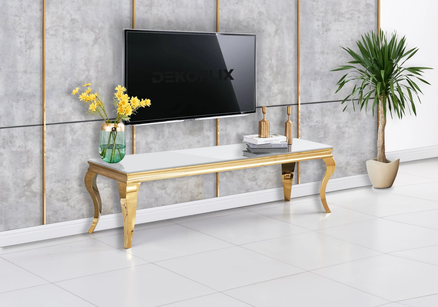 Table verre blanc et chaises simili-cuir noir doré – NEO