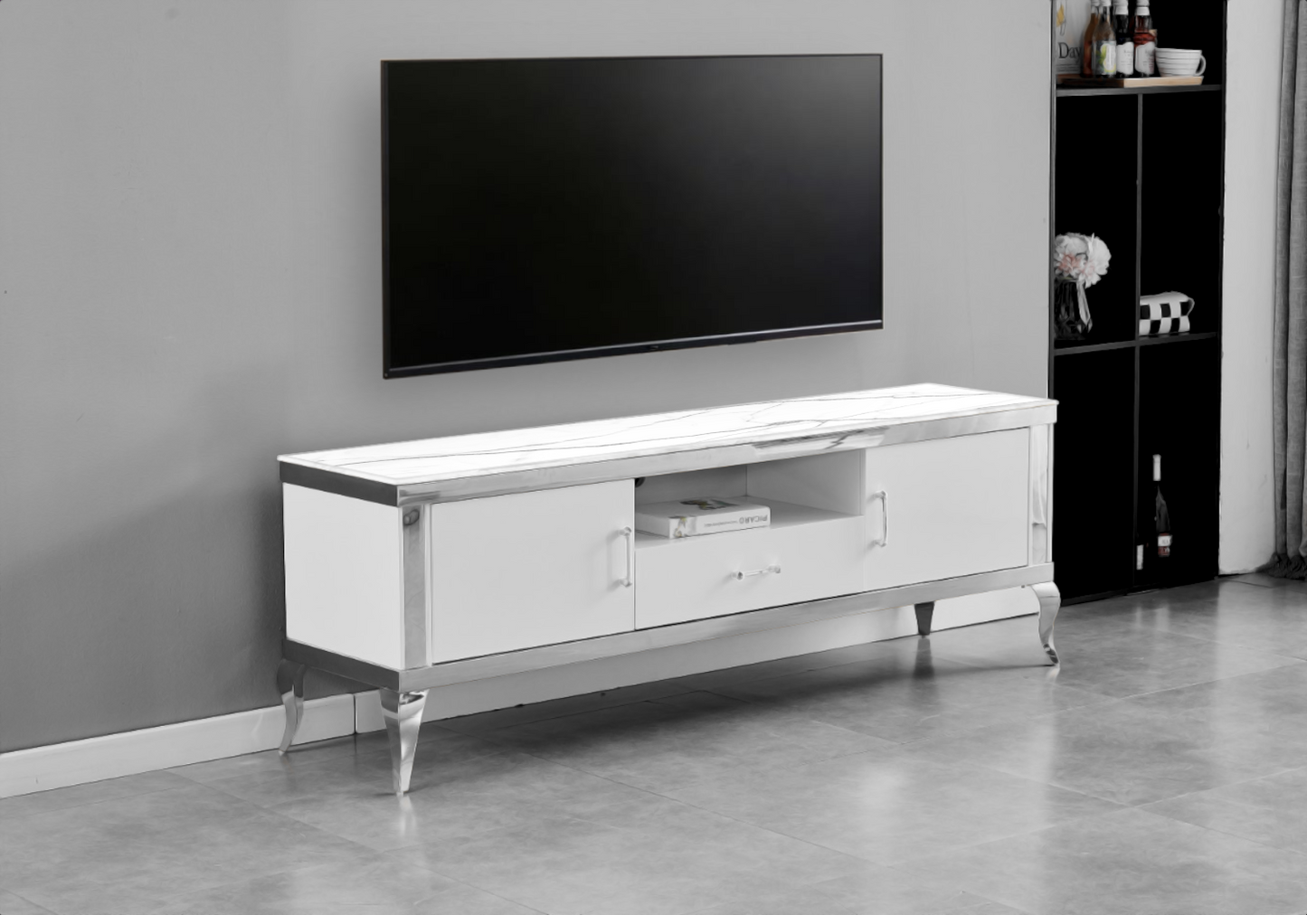 Meuble TV 170 cm marbre blanc argent – Neo