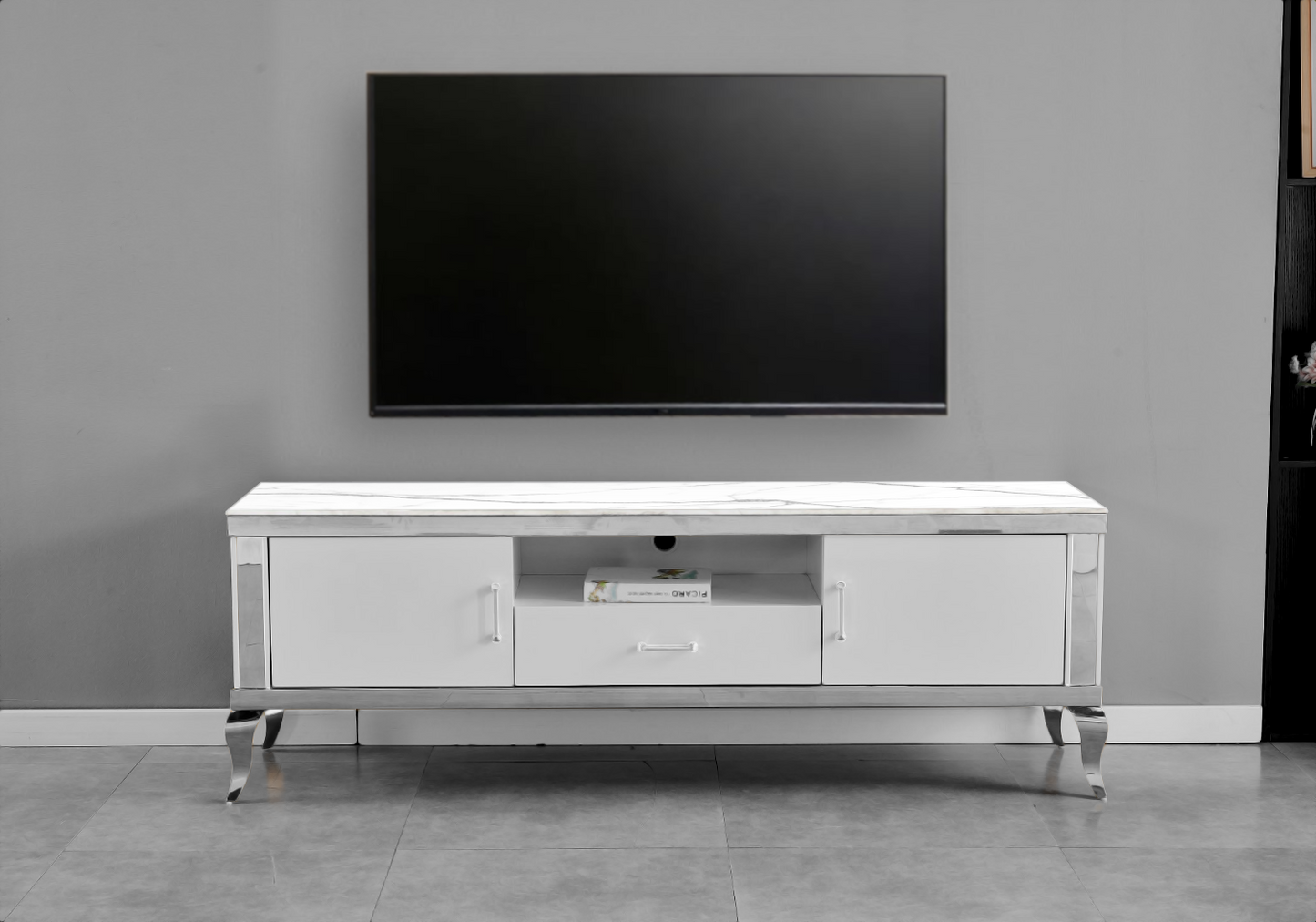 Meuble TV 170 cm marbre blanc argent – Neo