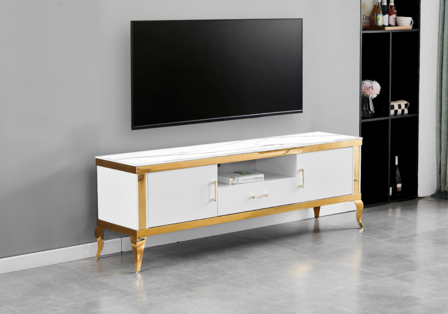 Meuble TV 170 cm marbre blanc doré – Neo