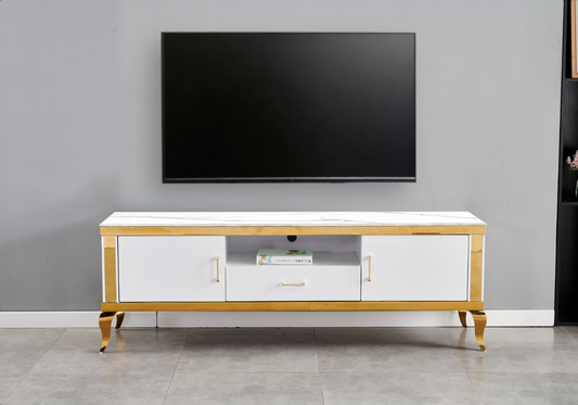 Meuble TV 170 cm marbre blanc doré – Neo