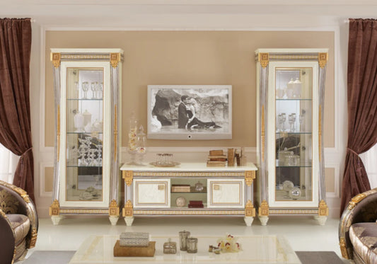 Meuble TV avec vitrines blanc laqué et doré - Liberty
