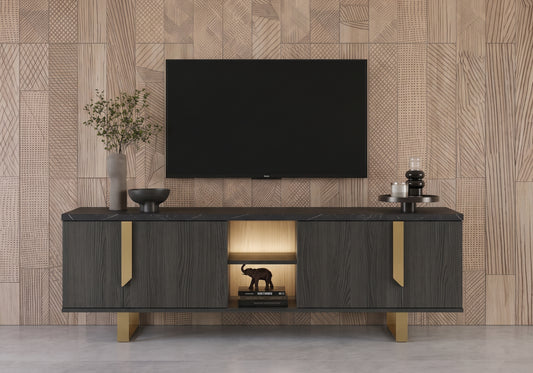 Meuble TV bas LED bois et marbre noir - Orion