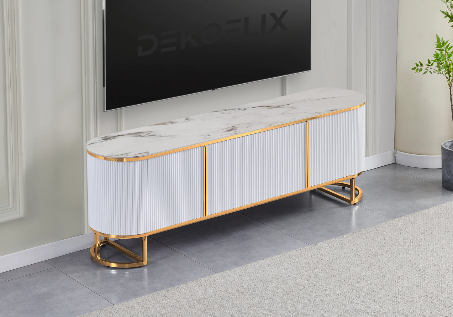 Meuble TV ovale cannelé marbre beige doré - NALIA