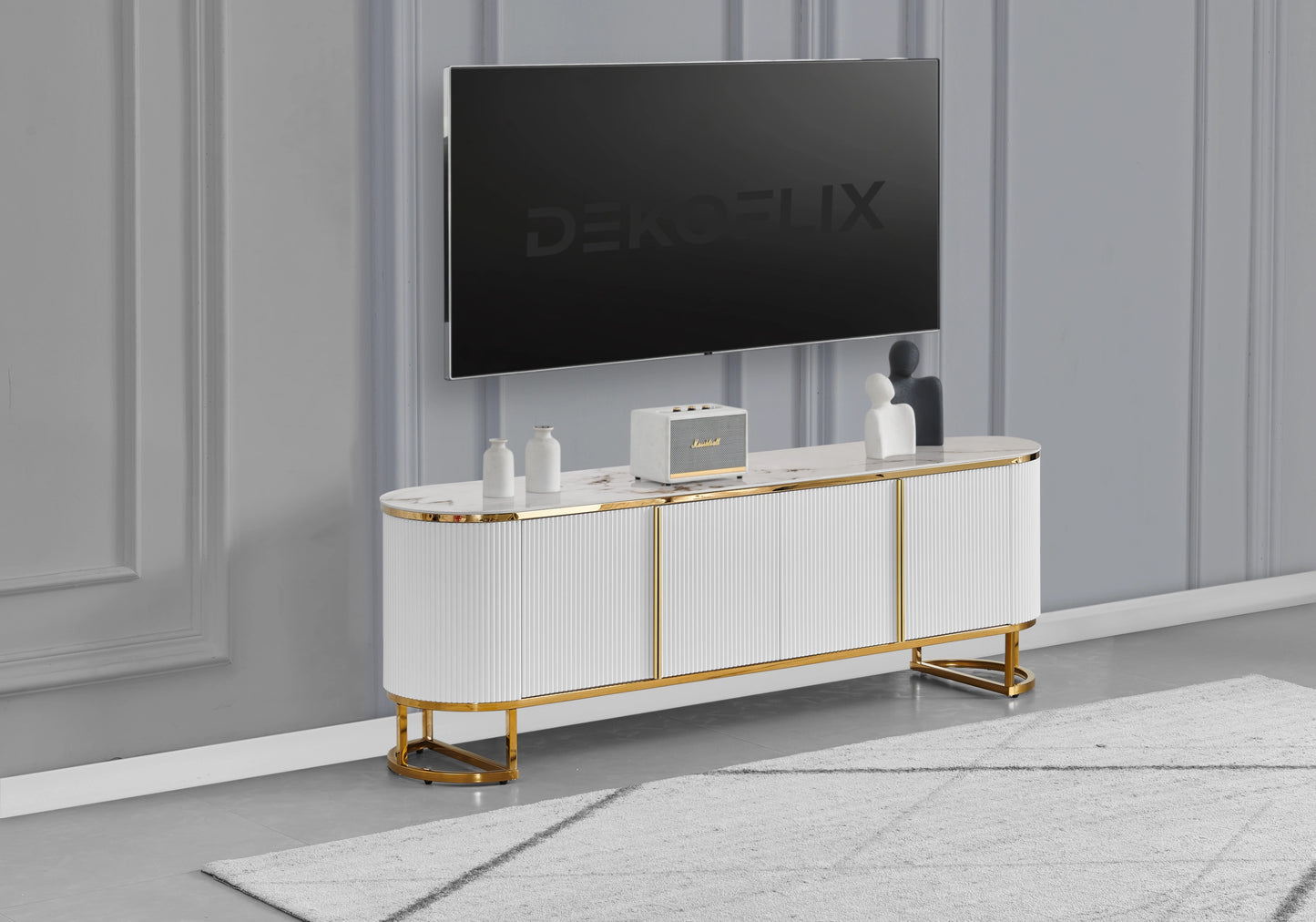 Meuble TV ovale cannelé marbre beige doré - NALIA