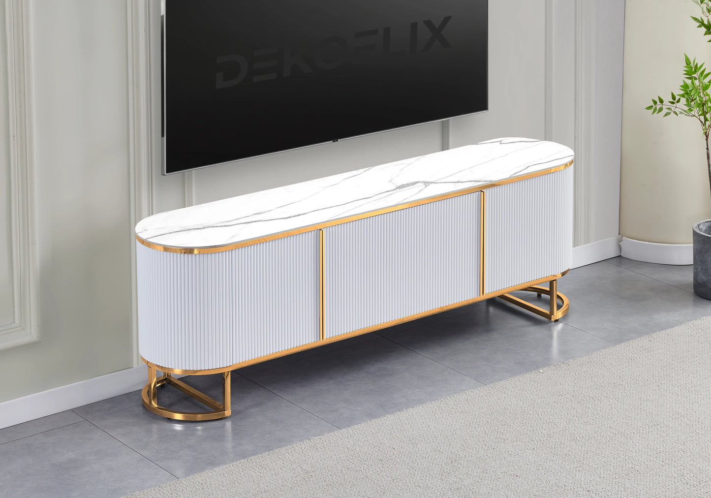 Meuble TV ovale cannelé marbre blanc doré - NALIA