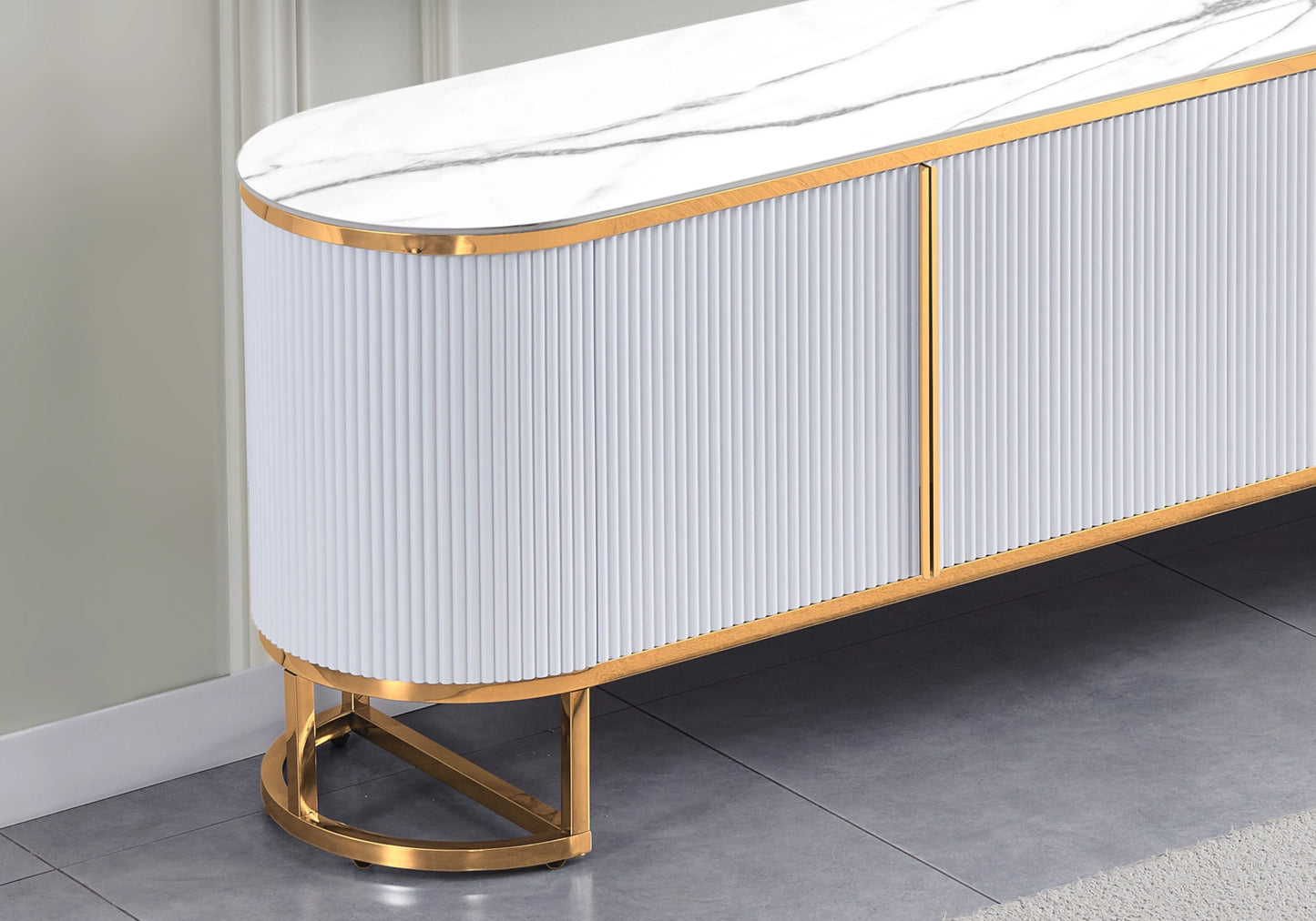 Meuble TV ovale cannelé marbre blanc doré - NALIA