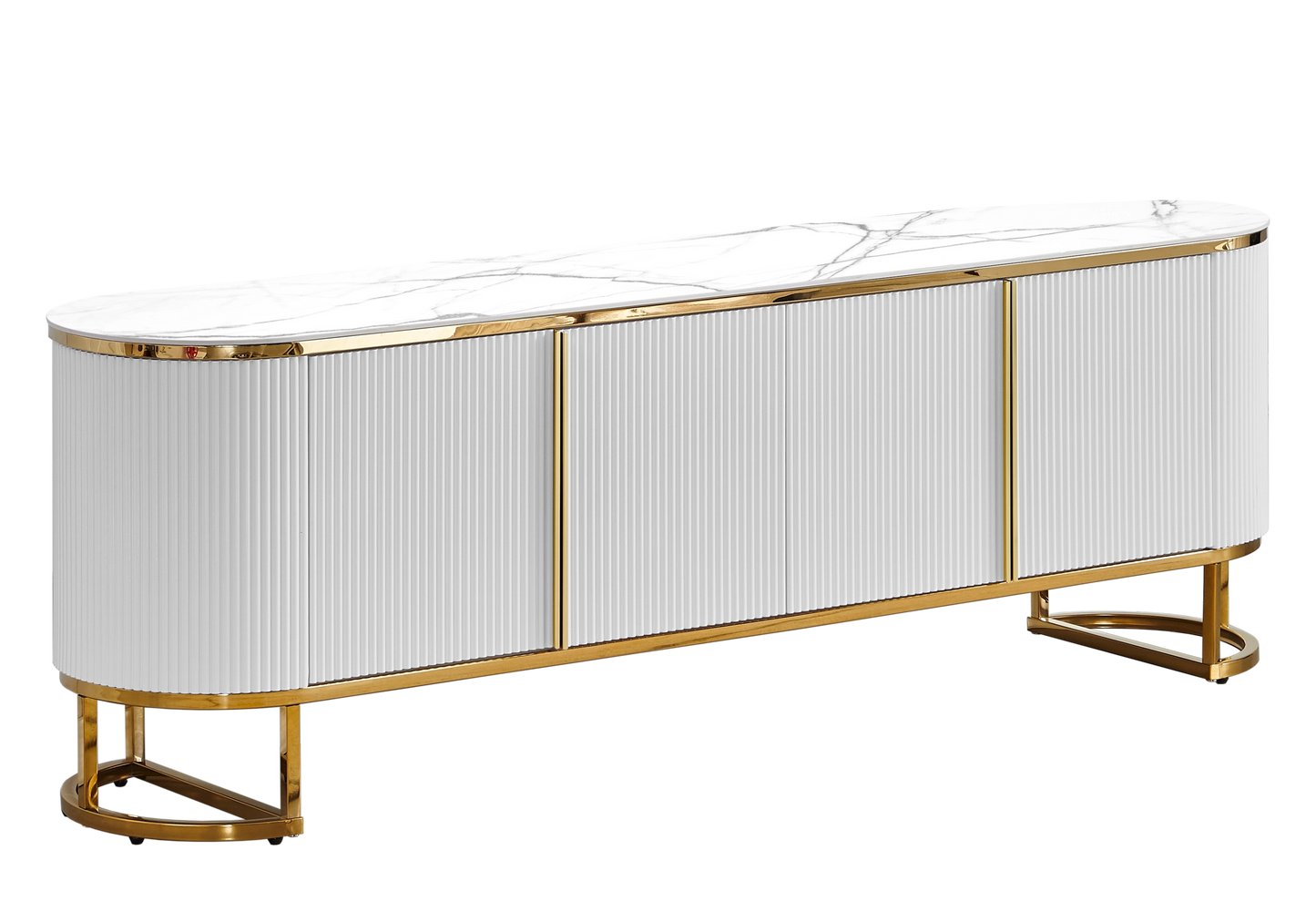 Meuble TV ovale cannelé marbre blanc doré - NALIA
