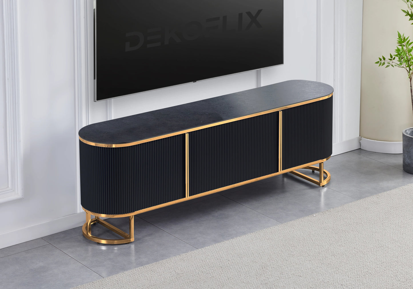Meuble TV ovale cannelé marbre noir doré - NALIA