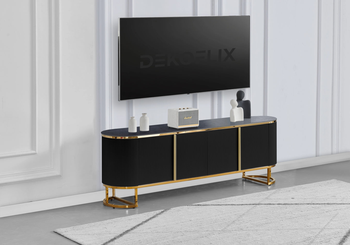 Meuble TV ovale cannelé marbre noir doré - NALIA