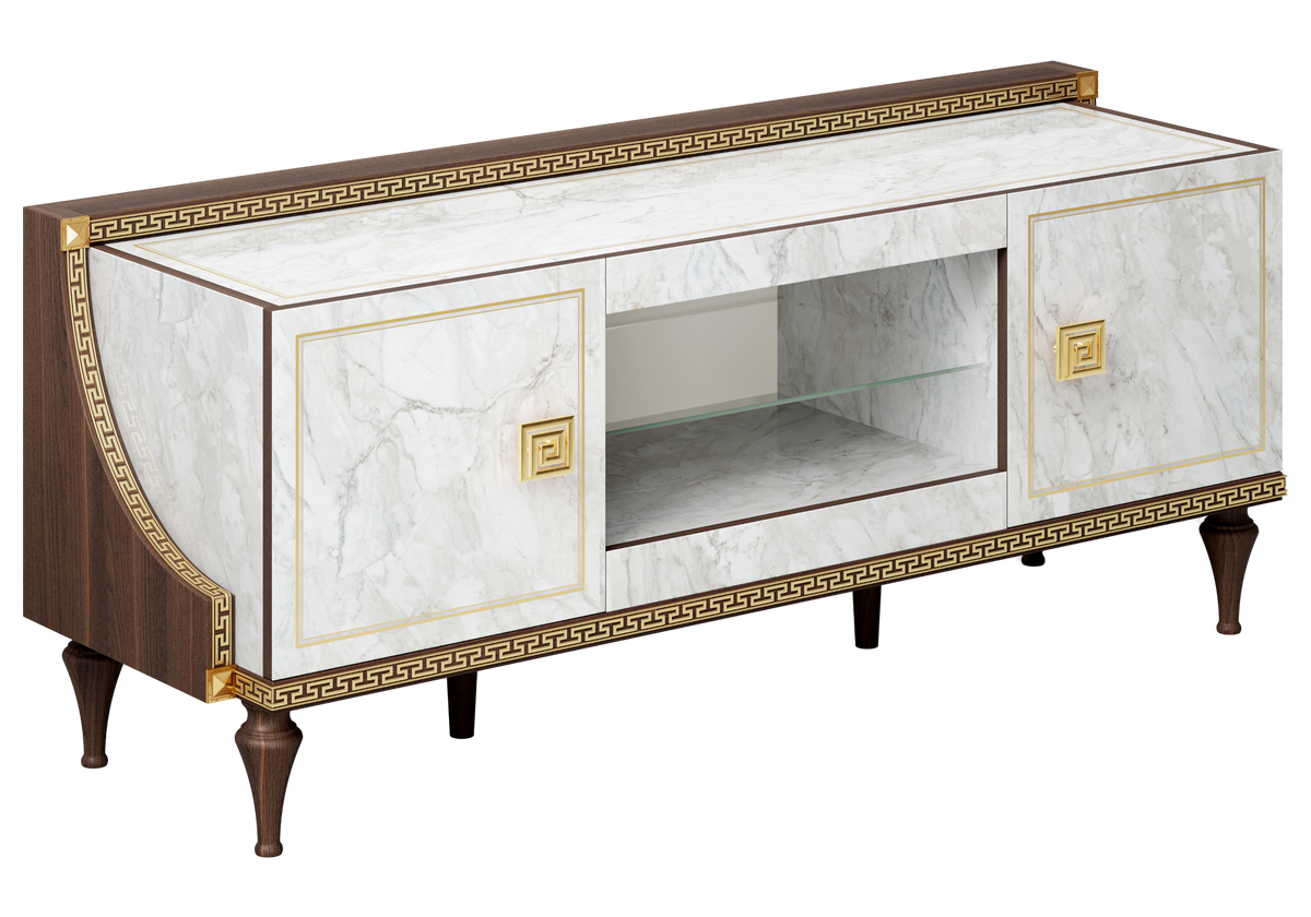 Ensemble meuble TV et 2 vitrines marbre noyer et or 24K - Romantica