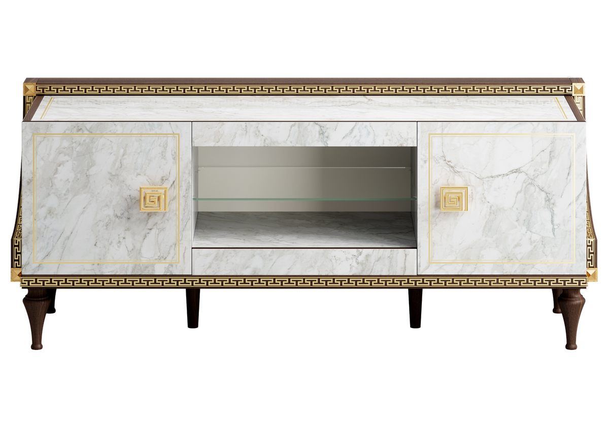 Ensemble meuble TV et 2 vitrines marbre noyer et or 24K - Romantica
