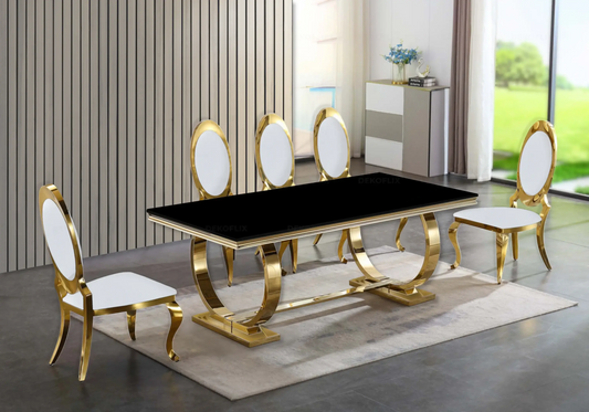 Table verre noir et chaises médaillon blanc doré BOBO New Design