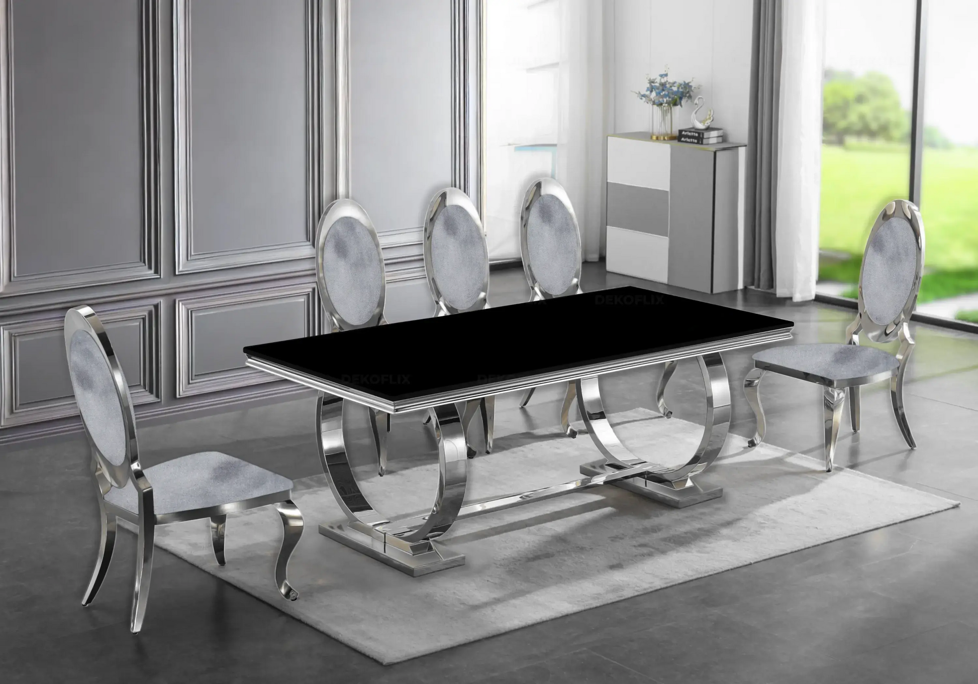 Table verre noir et chaises médaillon velours gris chromé BOBO New Design