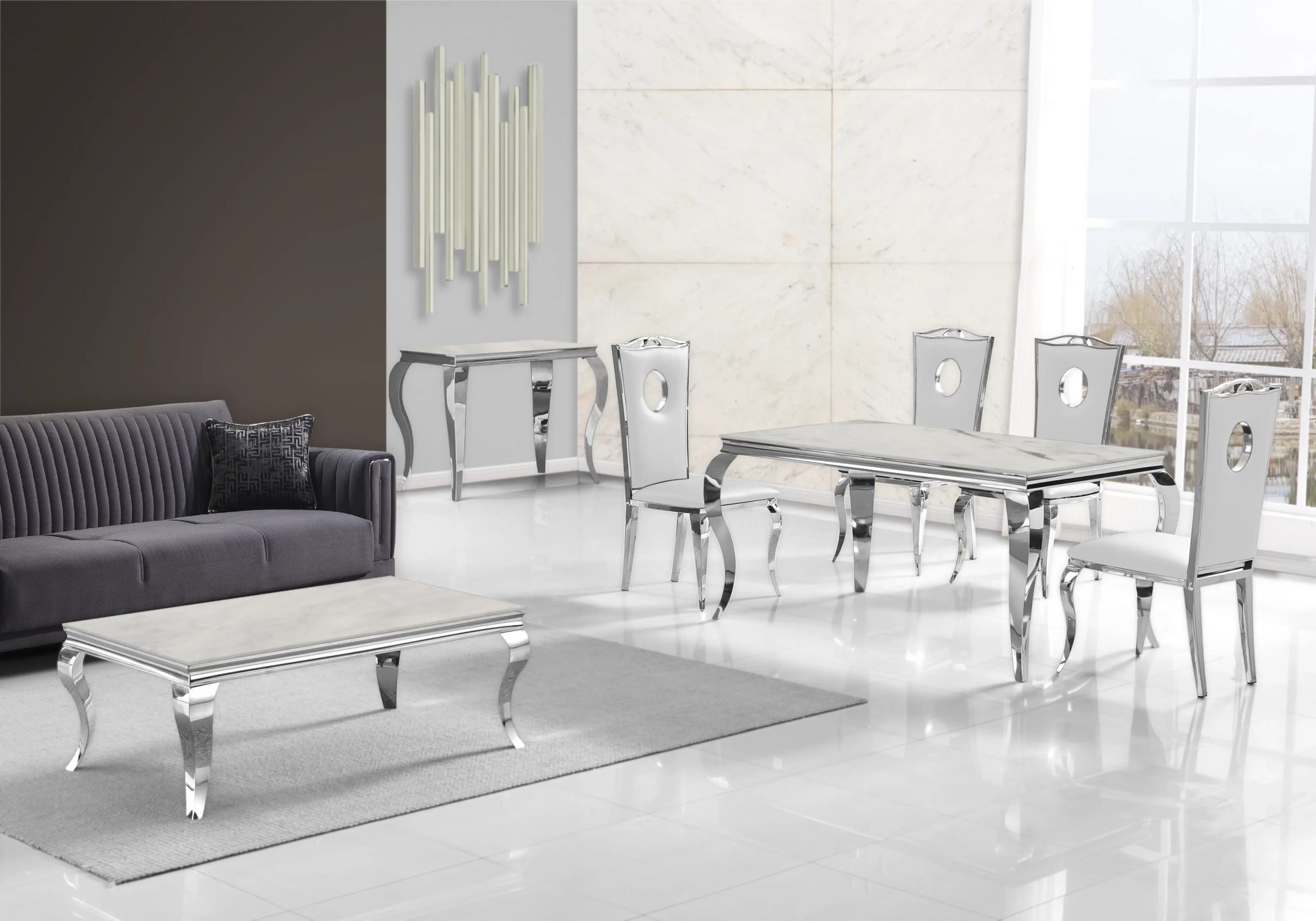 Salle à manger marbre beige chaises simili-cuir blanc argent - NEO New Design