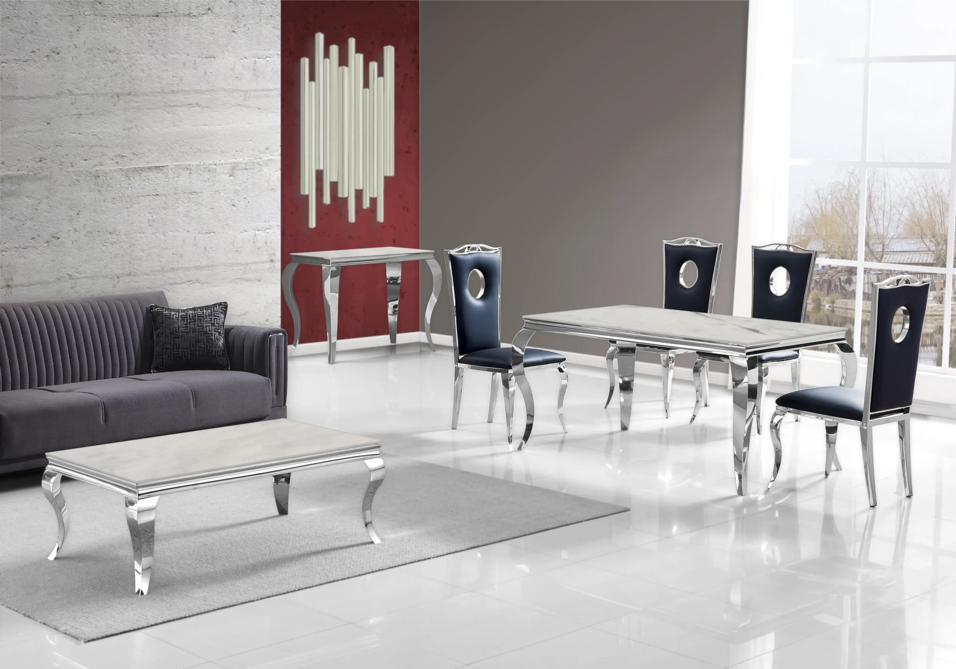 Salle à manger marbre beige chaises simili-cuir noir argent - NEO New Design