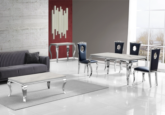 Salle à manger marbre beige chaises simili-cuir noir argent - NEO New Design