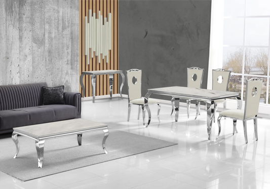 Salle à manger marbre beige chaises velours beige argent – NEO New Design