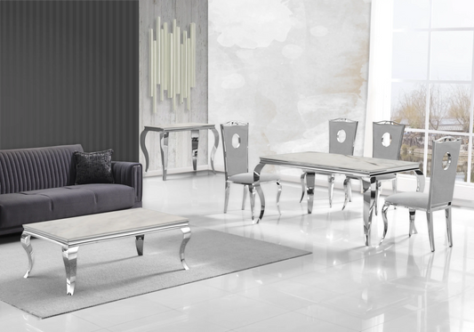 Salle à manger marbre beige chaises velours gris argent - NEO New Design