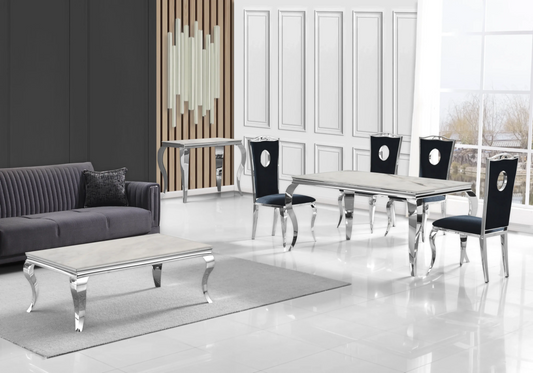 Salle à manger marbre beige chaises velours noir argent - NEO New Design