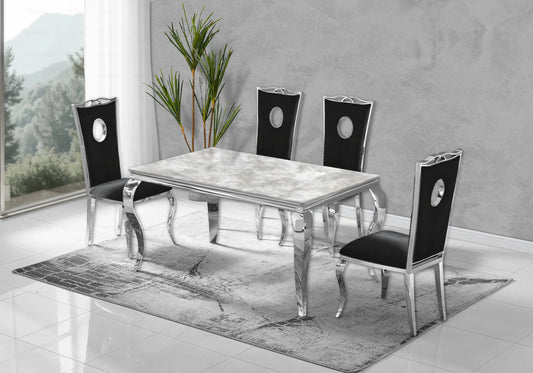 Salle à manger marbre beige chaises velours noir argent - NEO New Design