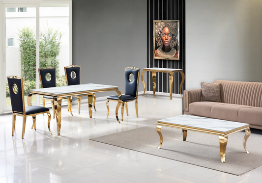 Salle à manger marbre blanc chaises simili-cuir noir doré - NEO New Design