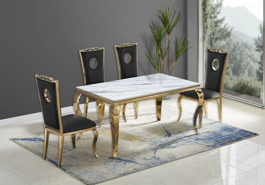 Salle à manger marbre blanc chaises simili-cuir noir doré - NEO New Design