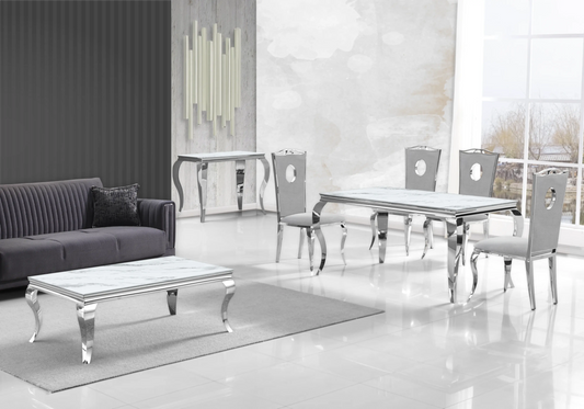 Salle à manger marbre blanc chaises velours gris argent - NEO New Design
