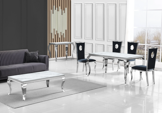Salle à manger marbre blanc chaises velours noir argent - NEO New Design
