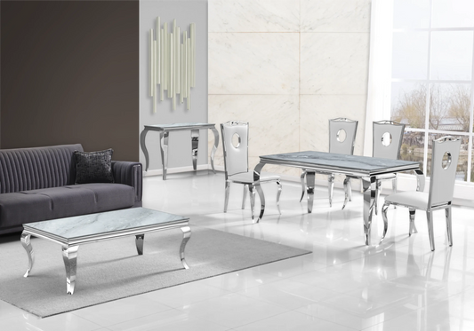Salle à manger marbre gris chaises simili-cuir blanc argent - NEO New Design