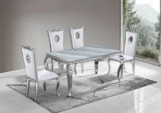 Salle à manger marbre gris chaises simili-cuir blanc argent - NEO New Design
