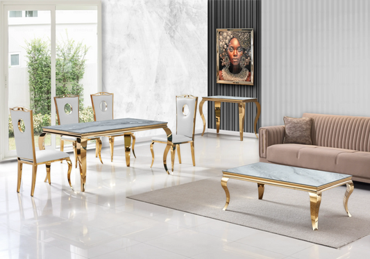 Salle à manger marbre gris chaises simili-cuir blanc doré - NEO New Design