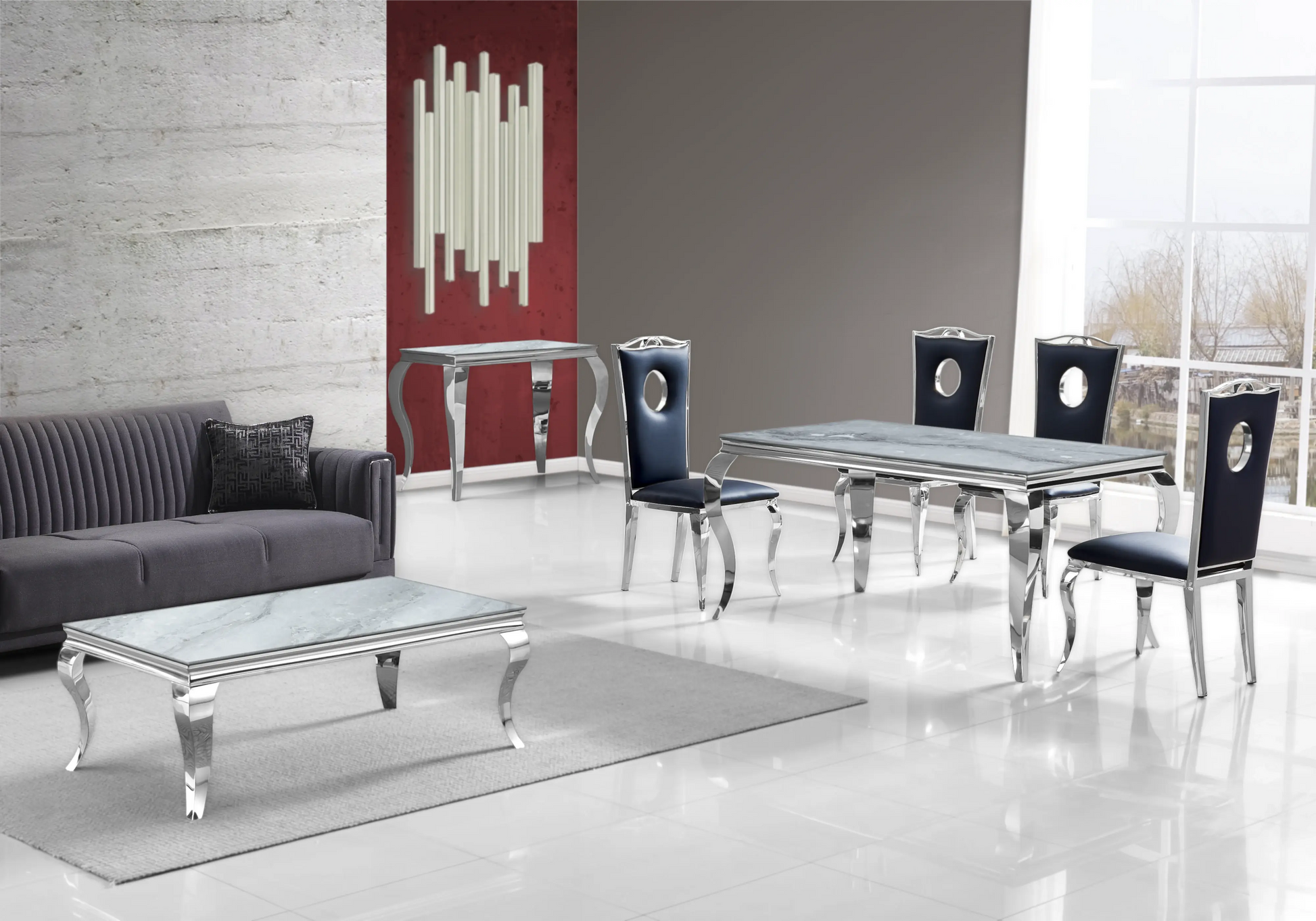 Salle à manger marbre gris chaises simili-cuir noir argent - NEO New Design
