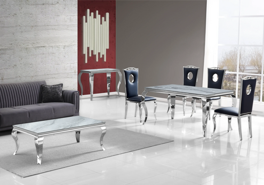 Salle à manger marbre gris chaises simili-cuir noir argent - NEO New Design