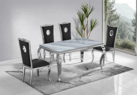 Salle à manger marbre gris chaises simili-cuir noir argent - NEO New Design